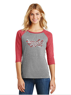 Ladies' Gray and Red 3/4 Sleeve Grasshopper T-Shirt, with Tri-Color Logo Design
