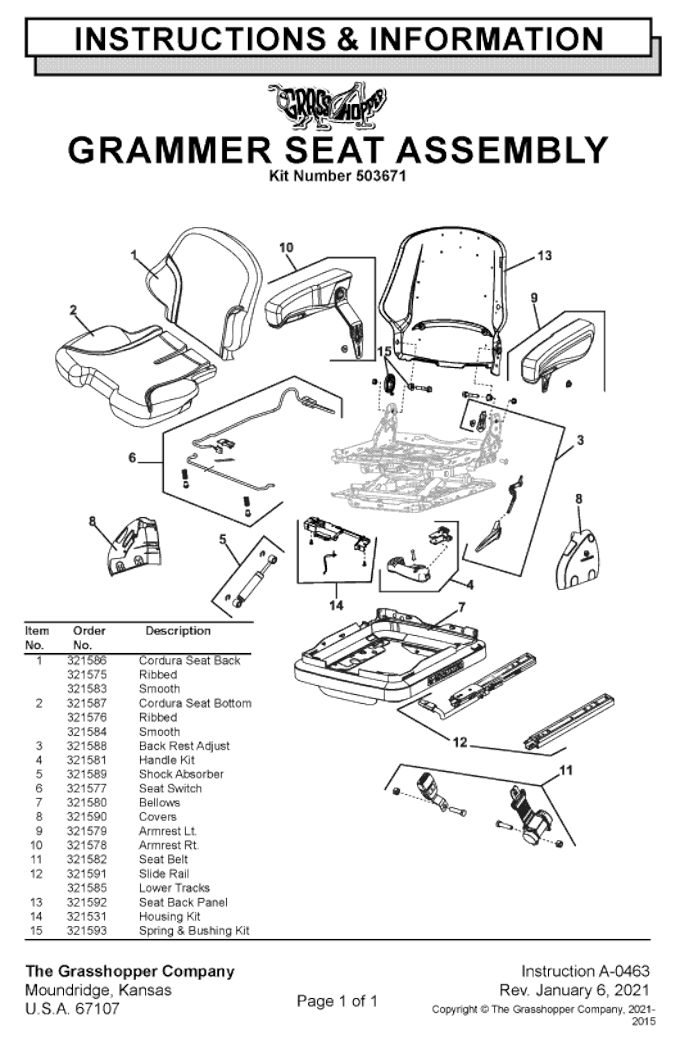 GRAMMER Premier Suspension Seat Assembly for GRASSHOPPER® Mowers (with safety belt)